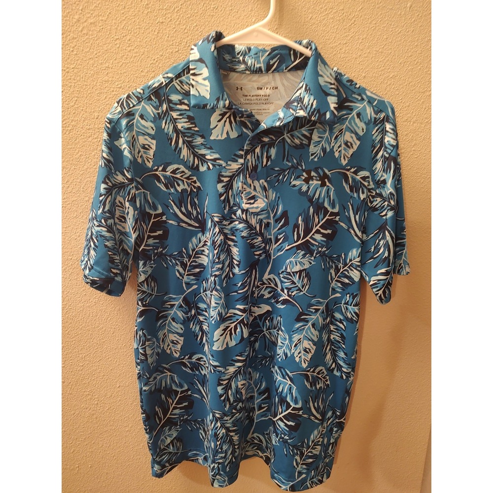 Under Armour Playoff Polo Men's Small Blue Tropical Leaf Print Golf Performance